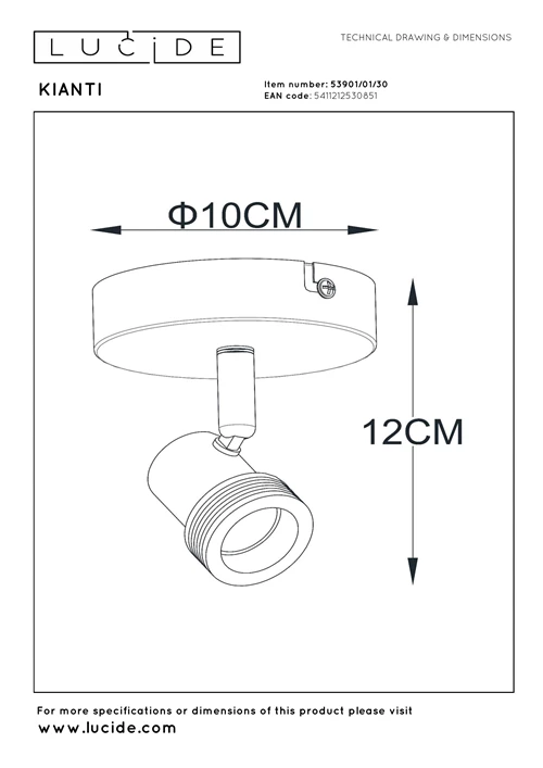 Lucide KIANTI - Plafondspot - Ø 10 cm - 1xGU10 - Zwart - technisch